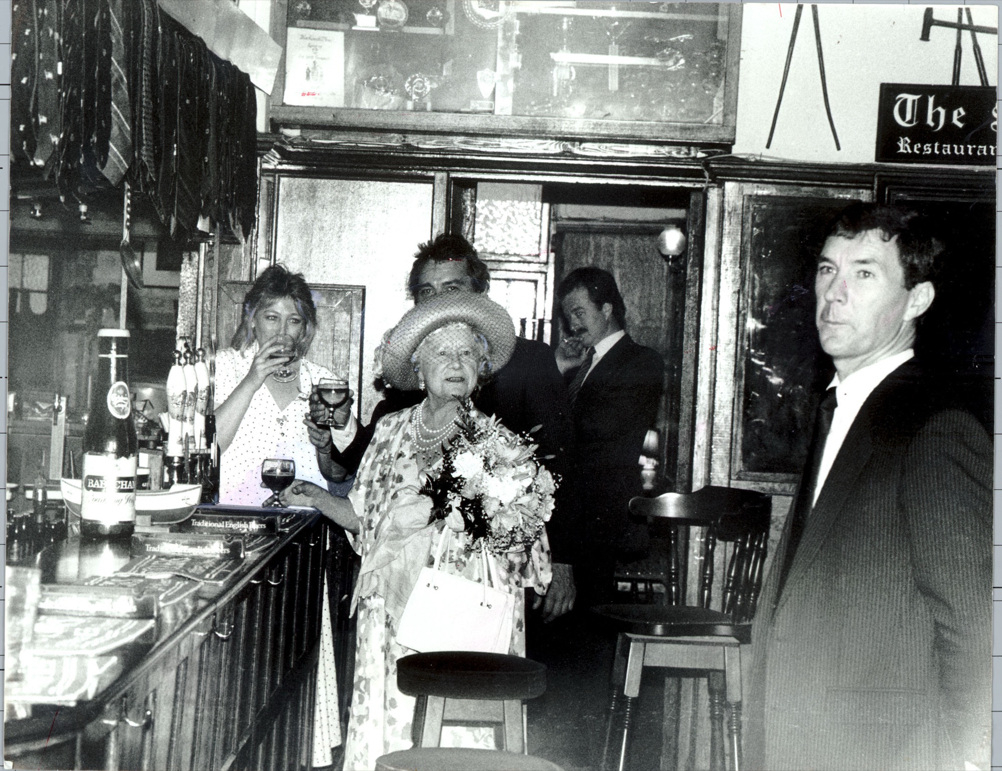 The Queen Mother visiting The Blacksmiths Arms in 1988